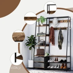 Tangkula 6-in-1 Freestanding Hall Tree Coat Rack W/ Bench & Fabric Dressers Rustic Brown -Graco Sales GUEST 1623074c 243a 476c af8e 53f63301d586
