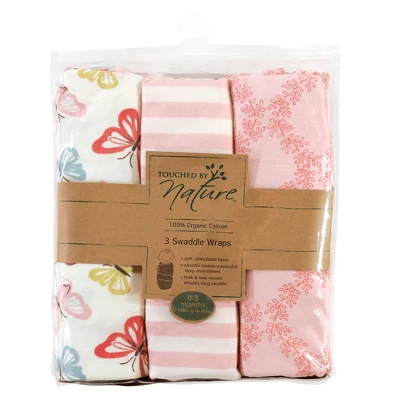 Touched By Nature Baby Girl Organic Cotton Swaddle Wraps, Butterflies, 0-3 Months 3 Touched By Nature Baby Girl Organic Cotton Swaddle Wraps, Butterflies, 0-3 Months