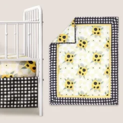 The Peanutshell Sunflower Floral Baby Crib Bedding Set - Black/Yellow - 3pc