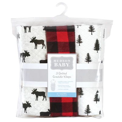 Hudson Baby Infant Boy Quilted Cotton Swaddle Wrap 3pk, Moose, 0-3 Months 3 Hudson Baby Infant Boy Quilted Cotton Swaddle Wrap 3pk, Moose, 0-3 Months
