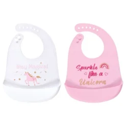 Luvable Friends Baby Girl Silicone Bibs 2pk, Sparkle Like A Unicorn, One Size