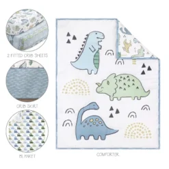 The Peanutshell Blue Dino 5-Piece Baby Crib Bedding Set With Quilt And Blanket