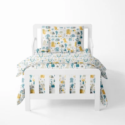 Bacati - Little Dino Boys Teal/Yellow Muslin 5 Pc Toddler Bedding Set With Dec Pillow 3 Bacati - Little Dino Boys Teal/Yellow Muslin 5 Pc Toddler Bedding Set With Dec Pillow