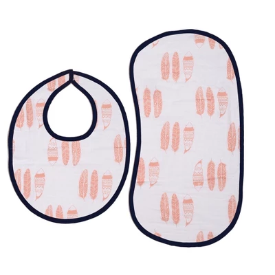 Bacati - Olivia Coral/Navy Feathers/Triangles Muslin 4 Pc Set Of Bibs & Burp Cloths Set 3 Bacati - Olivia Coral/Navy Feathers/Triangles Muslin 4 Pc Set Of Bibs & Burp Cloths Set
