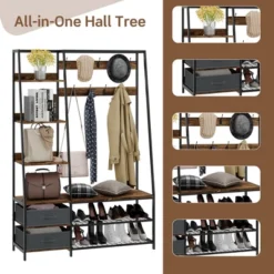 Tangkula 6-in-1 Freestanding Hall Tree Coat Rack W/ Bench & Fabric Dressers Rustic Brown -Graco Sales GUEST 9ef6aa6e 7e24 4236 bc68 5a9d2ccac293