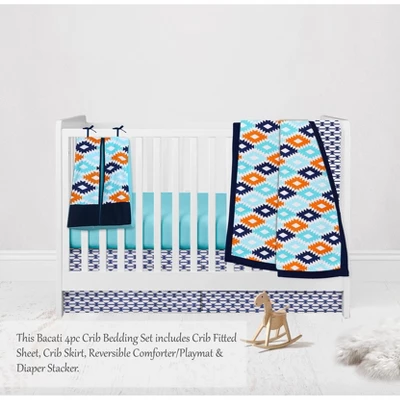 Bacati - Aztec Print Liam Aqua Orange Navy 4 Pc Crib Bedding Set With Diaper Caddy 4 Bacati - Aztec Print Liam Aqua Orange Navy 4 Pc Crib Bedding Set With Diaper Caddy - Image 2