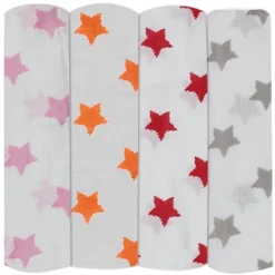 Bacati - Stars Girls Swaddling Muslin Blankets Of 4 (Pink, Orange,Red,Gray) -Graco Sales GUEST af1454a4 87cb 4e2a 95a1 16c276f10104