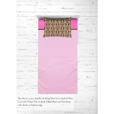 Bacati - Damask Pink Chocolate 3 Pc Toddler Sheet Set 5 Bacati - Damask Pink Chocolate 3 Pc Toddler Sheet Set - Image 3