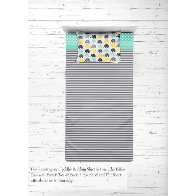 Bacati - Elephants Mint Yellow Gray 3 Pc Toddler Bed Sheet Set 8 Bacati - Elephants Mint Yellow Gray 3 Pc Toddler Bed Sheet Set - Image 6