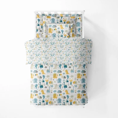 Bacati - Little Dino Boys Teal/Yellow Muslin 5 Pc Toddler Bedding Set With Dec Pillow 7 Bacati - Little Dino Boys Teal/Yellow Muslin 5 Pc Toddler Bedding Set With Dec Pillow - Image 5