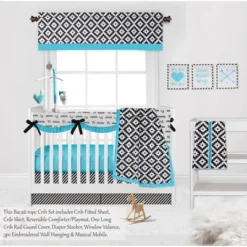 Bacati - Love Aztec Print Black Turquoise 10 Pc Crib Bedding Set With Long Rail Guard Cover -Graco Sales GUEST db764ad8 c17e 4476 849b ceafdb293729