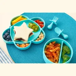 Grabease 4-Piece Stay-Put Table Set For Babies & Toddlers 6 Months & Up, Divided Bowl With Suction Bottoms Plus Self-Feeding Spoon & Fork