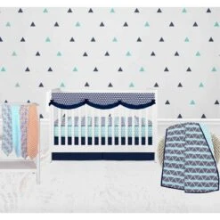 Bacati - Boys Triangles Aqua Navy 8 Pc Crib Bedding Set With Long Rail Guard Cover