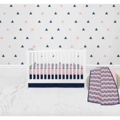 Bacati - Girls Triangles Coral Navy 10 Pc Crib Bedding Set With 4 Swaddling Blankets